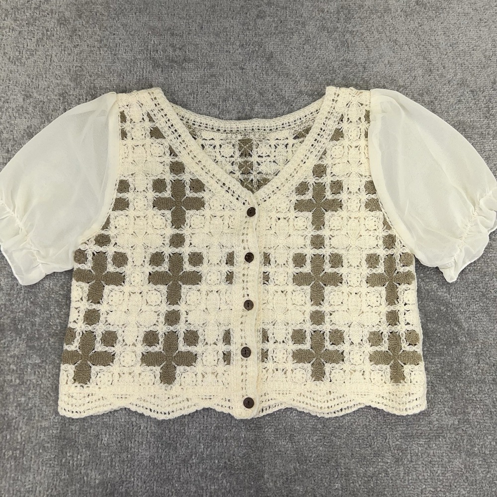 WOMEN'S Crochet Cardigan Sweater V-Neck Crop Puff-Sleeve Size Medium Cottagecore